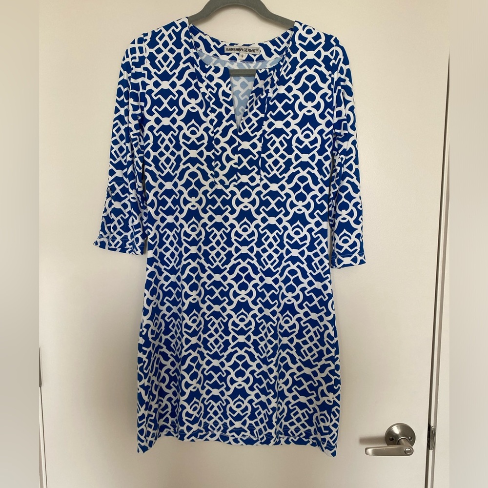 Barbara Gerwit Blue and White Sheath Dress with 3/4 Sleeves - Size S